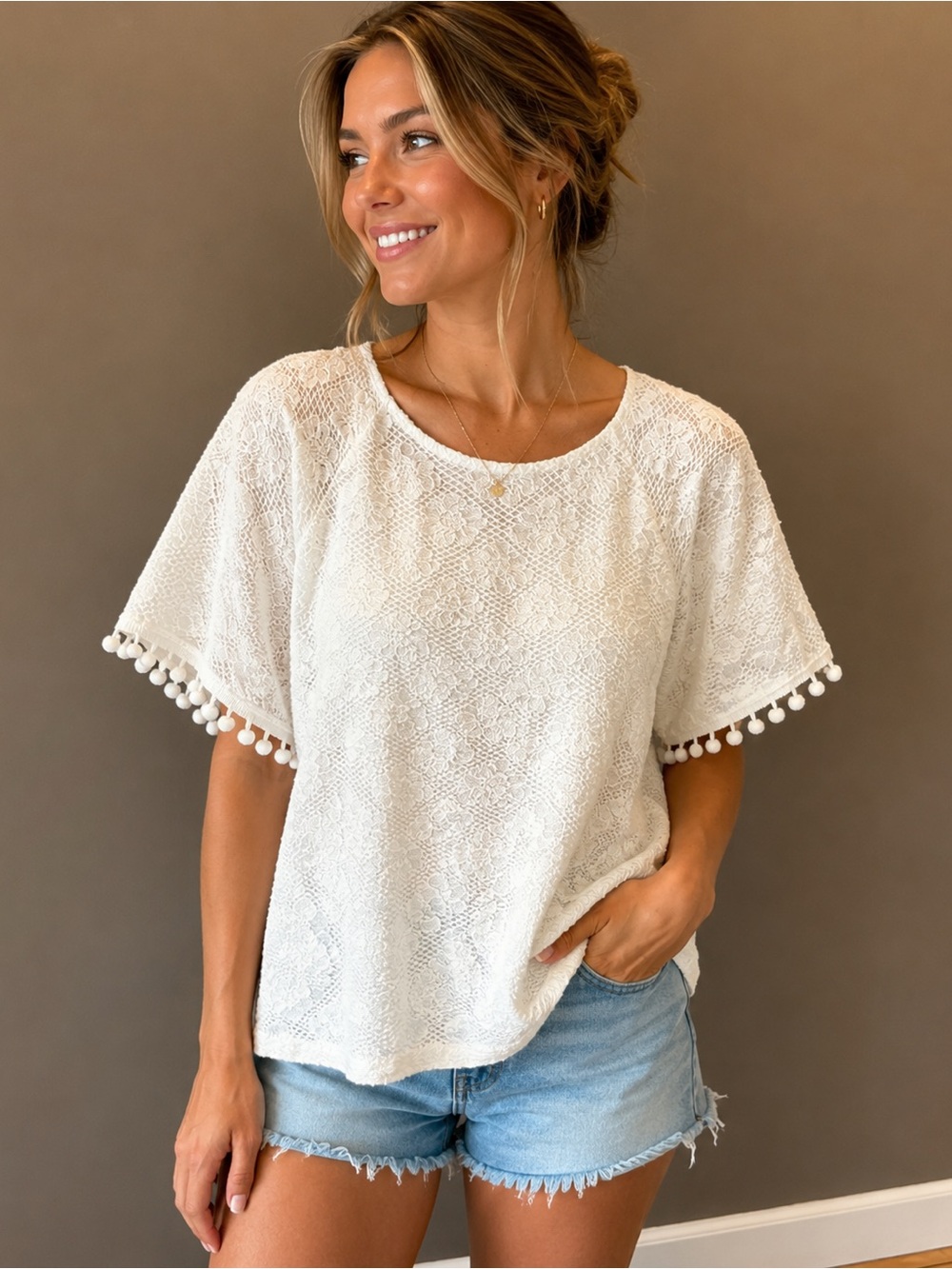 Cream Crochet Pom-Pom Sleeve Tee by